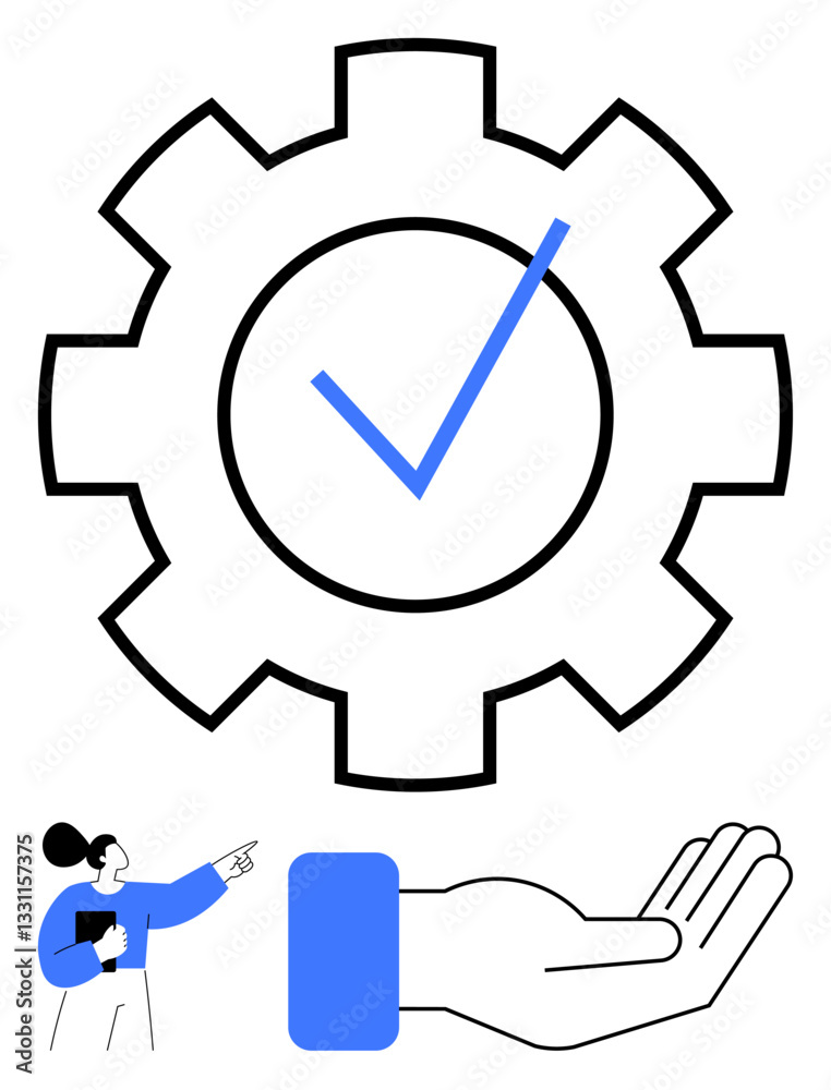 Gear with check mark indicates completed process. Hand signifies support, user guiding collaboration and trust. Ideal for teamwork, process, guidance, reliability, quality trust workflow. Flat Gear with check mark indicates completed process. Hand signifies support, user guiding collaboration and trust. Ideal for teamwork, process, guidance, reliability, quality trust workflow. Flat