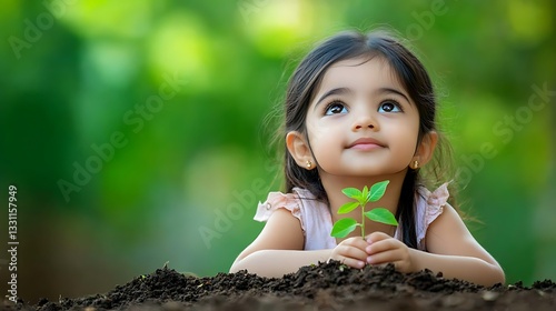 Cute girl planting a sapling.