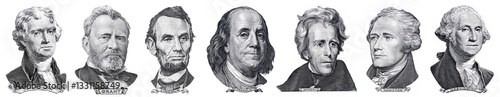Seven presidents of the united states of america from paper banknotes. Set of presidents faces on isolated background