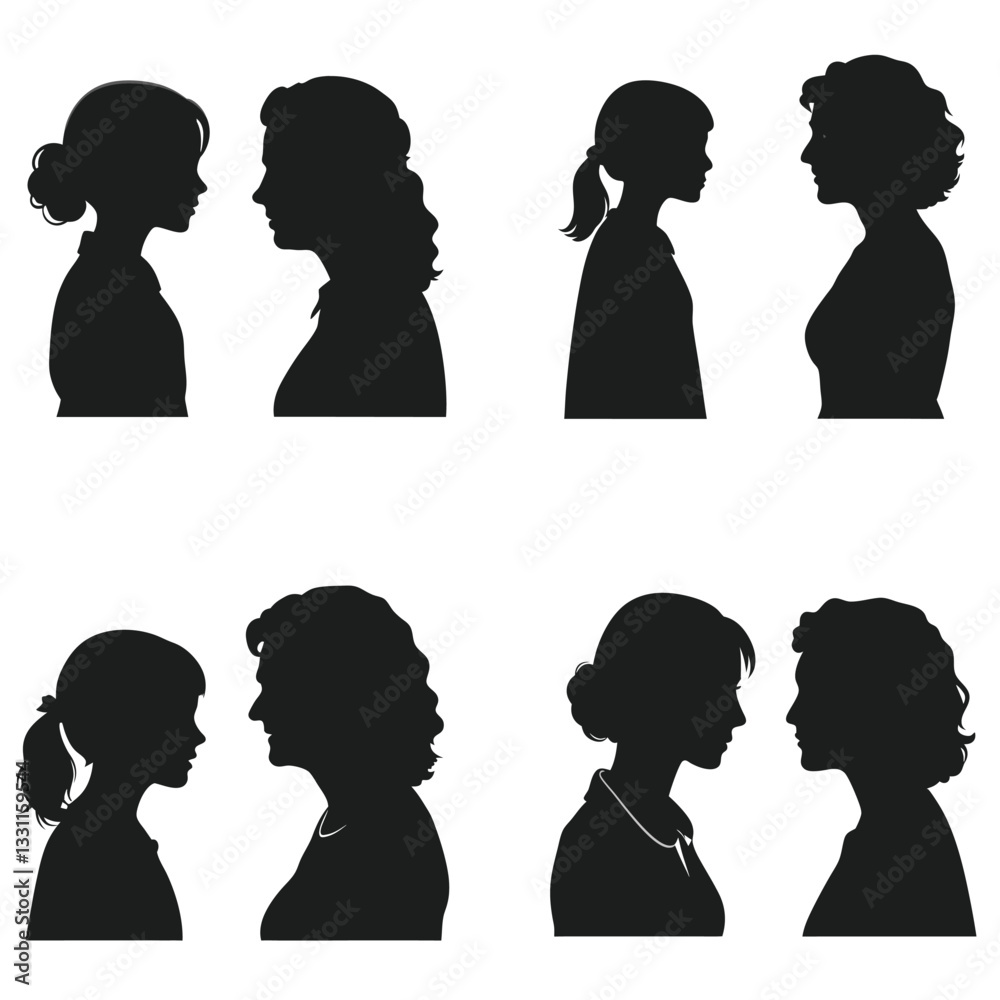 Collection of female silhouettes in profile view, showcasing diverse hairstyles, facial features, and artistic minimalism in black-and-white design Collection of female silhouettes in profile view, showcasing diverse hairstyles, facial features, and artistic minimalism in black-and-white design