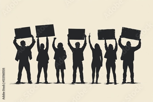 several people silhouette figures in protest, standing with their arms raised in defiance, clenched fists, or holding protest signs