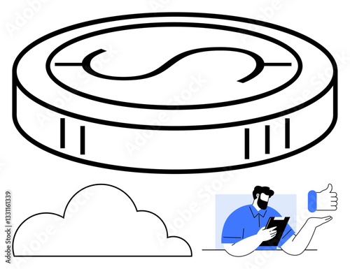 Coin symbolizing economy, technology with a cloud and user satisfaction in digital interaction. Ideal for finance, technology, cloud computing, digital tools, online success, app feedback, flat