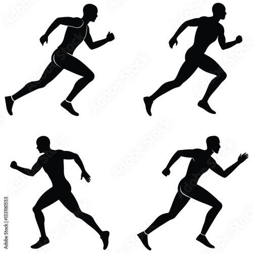 Set of dynamic vector silhouettes depicting athletic male runners captured mid-stride, clearly demonstrating speed, power, agility, and competitive athleticism, isolated on white