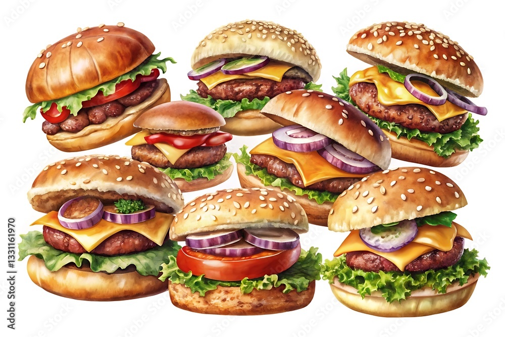 Row of hamburgers with different toppings Row of hamburgers with different toppings