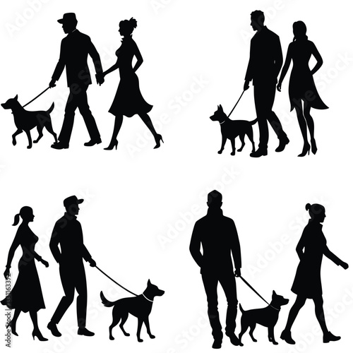 Set of black silhouettes featuring fashionable couples taking peaceful walks with their dogs, clearly highlighting elegant attire, companionship, outdoor leisure, and shared moments