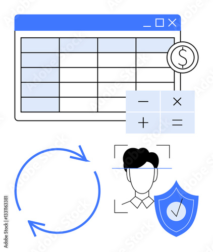 Spreadsheet layout with calculation signs, user identity scan, shield with checkmark, and cycle arrows. Ideal for data management, accounting, security, authentication, identity fintech flat simple