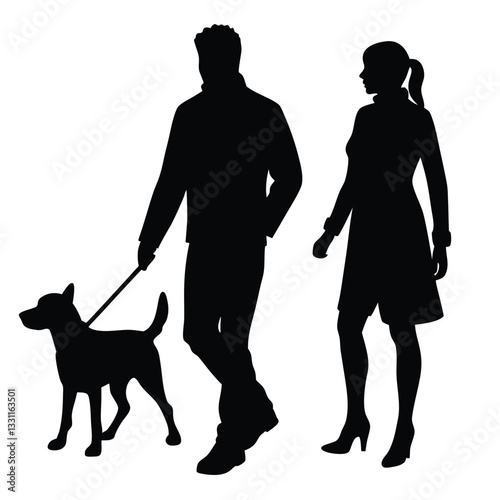 llustrative silhouettes of stylish couples calmly walking dogs on leashes, reflecting everyday life, mutual companionship, fashion-consciousness, and relaxed leisure activities isolated