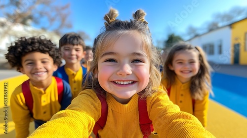 Happy kids in yellow sweaters taking a selfie at school.