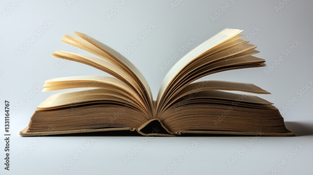 An open book with pages fanned out, showcasing its textured, aged paper against a simple background. An open book with pages fanned out, showcasing its textured, aged paper against a simple background.
