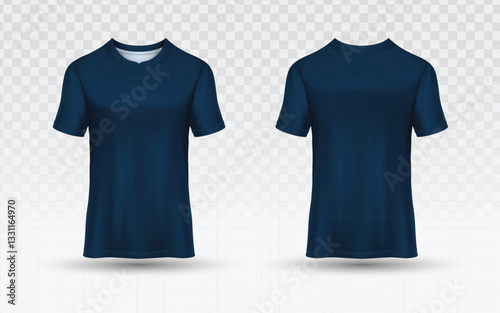 Classic navy blue t-shirt vector, front & back, a versatile wardrobe essential worldwide.  This realistic 3D mockup offers a blank canvas for diverse designs, from casual wear to athletic apparel.