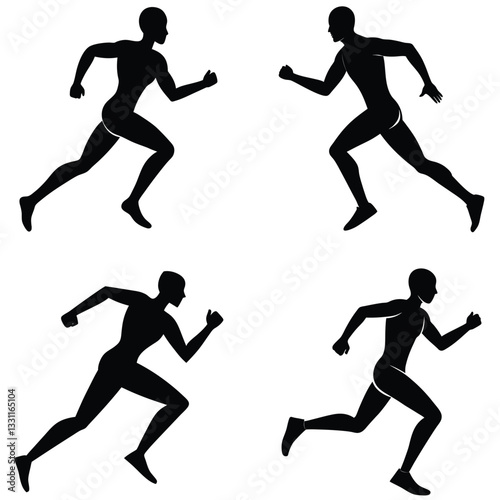 Set of black vector silhouette illustrations capturing diverse running postures of athletes, clearly emphasizing active movements, physical fitness, stamina, and competitive spirit