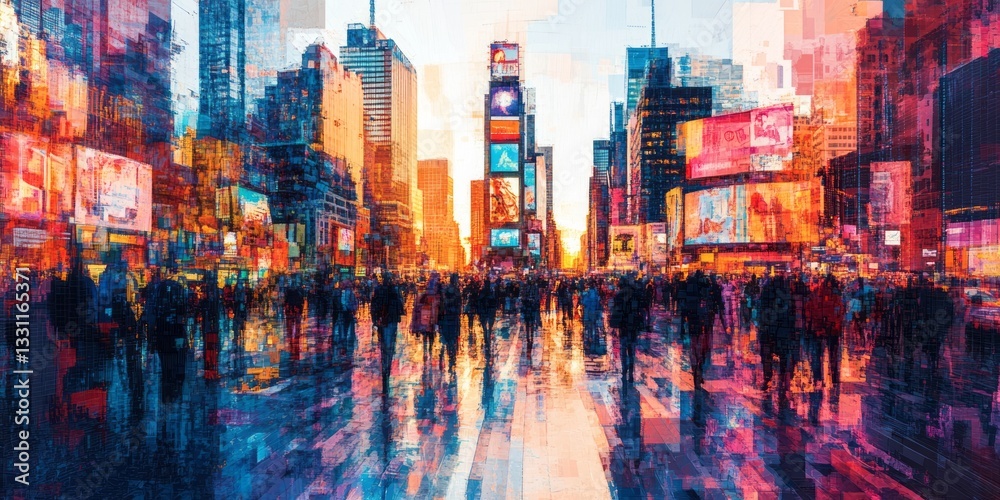 Obraz premium Impressionistic painting showing busy times square with bustling crowds
