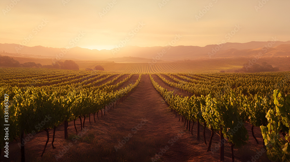Naklejka premium A Scenic Vineyard At Sunset With Rows Of Grapevine Leaving Copy Space