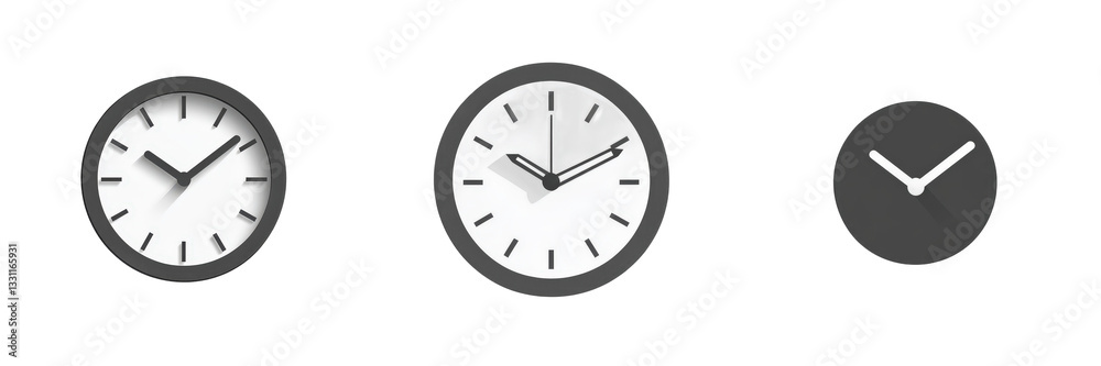 Three wall clocks displaying different times are isolated on a white background isolated on white or transparent Three wall clocks displaying different times are isolated on a white background isolated on white or transparent