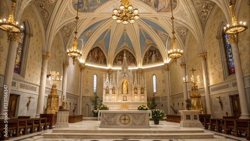 Catholic Church Interior with Altar and Chandeliers - Religious Architecture and Worship Space
