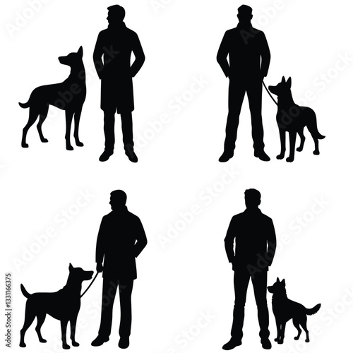 Set of vector silhouette illustrations featuring confident men standing protectively beside alert guard dogs, depicting authority, loyalty, and companionship isolated on white