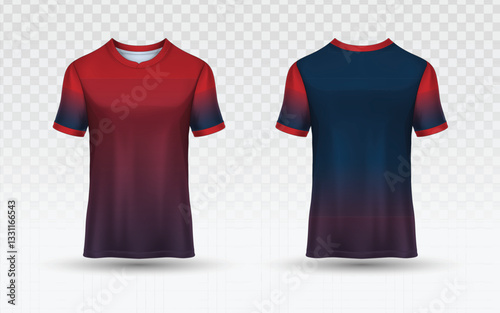 Modern gradient t-shirt vector, front & back, a potential 2025 men's football uniform design.  This mockup blends athletic functionality with contemporary style, featuring a smooth gradient from red 