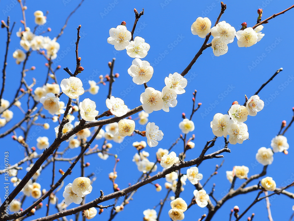 White blossoms on dark branches against a vibrant blue sky White blossoms on dark branches against a vibrant blue sky