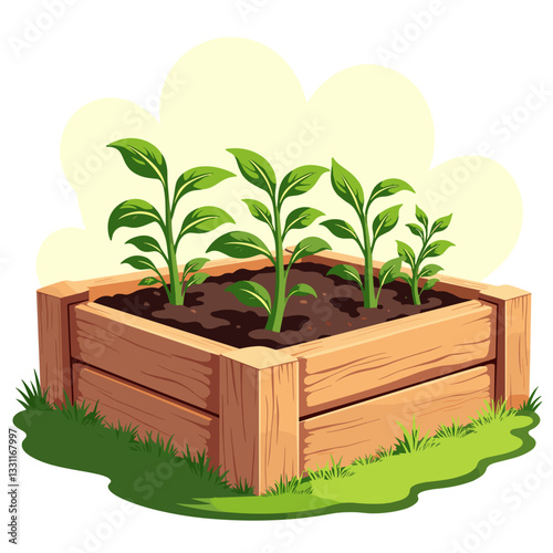 Vibrant green sprouts growing in wooden garden bed, nature's bounty