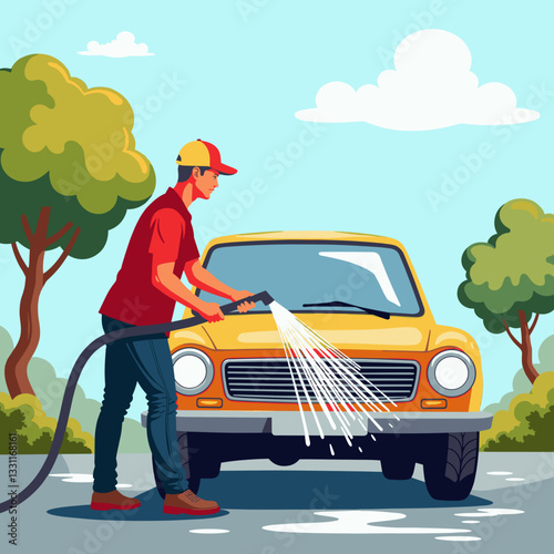 Car wash worker spraying water on vehicle in summer, seasonal job