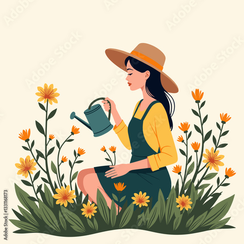 Woman watering flowers in spring garden, nurturing nature