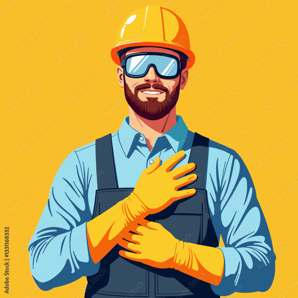 Worker promoting safety with smile, bright flat vector design Worker promoting safety with smile, bright flat vector design