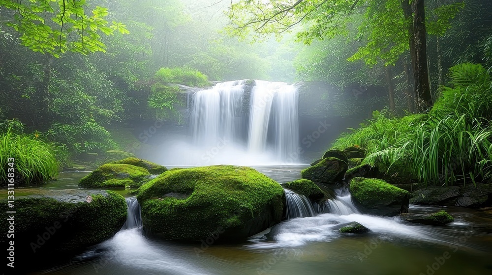 Obraz premium A serene rainforest waterfall cascading down moss-covered rocks, surrounded by dense jungle plants and misty air.