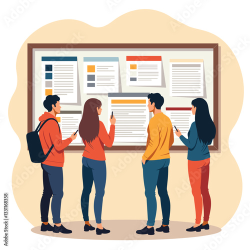 Students exploring job opportunities on bulletin board, career growth