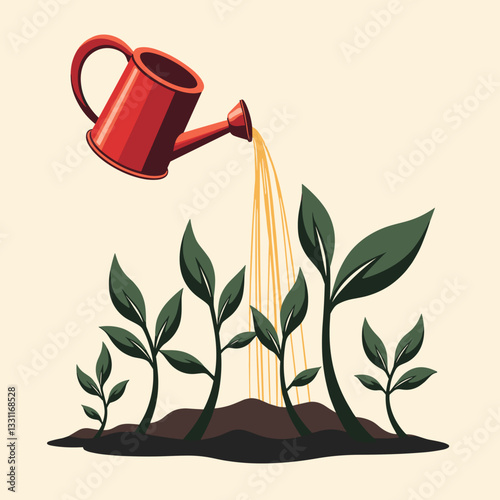 Dynamic watering can nourishing sprouts, growth and vitality