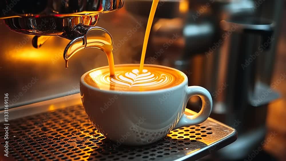 Close-up of a freshly brewed latte art in a white cup on an espresso machine with steam in background