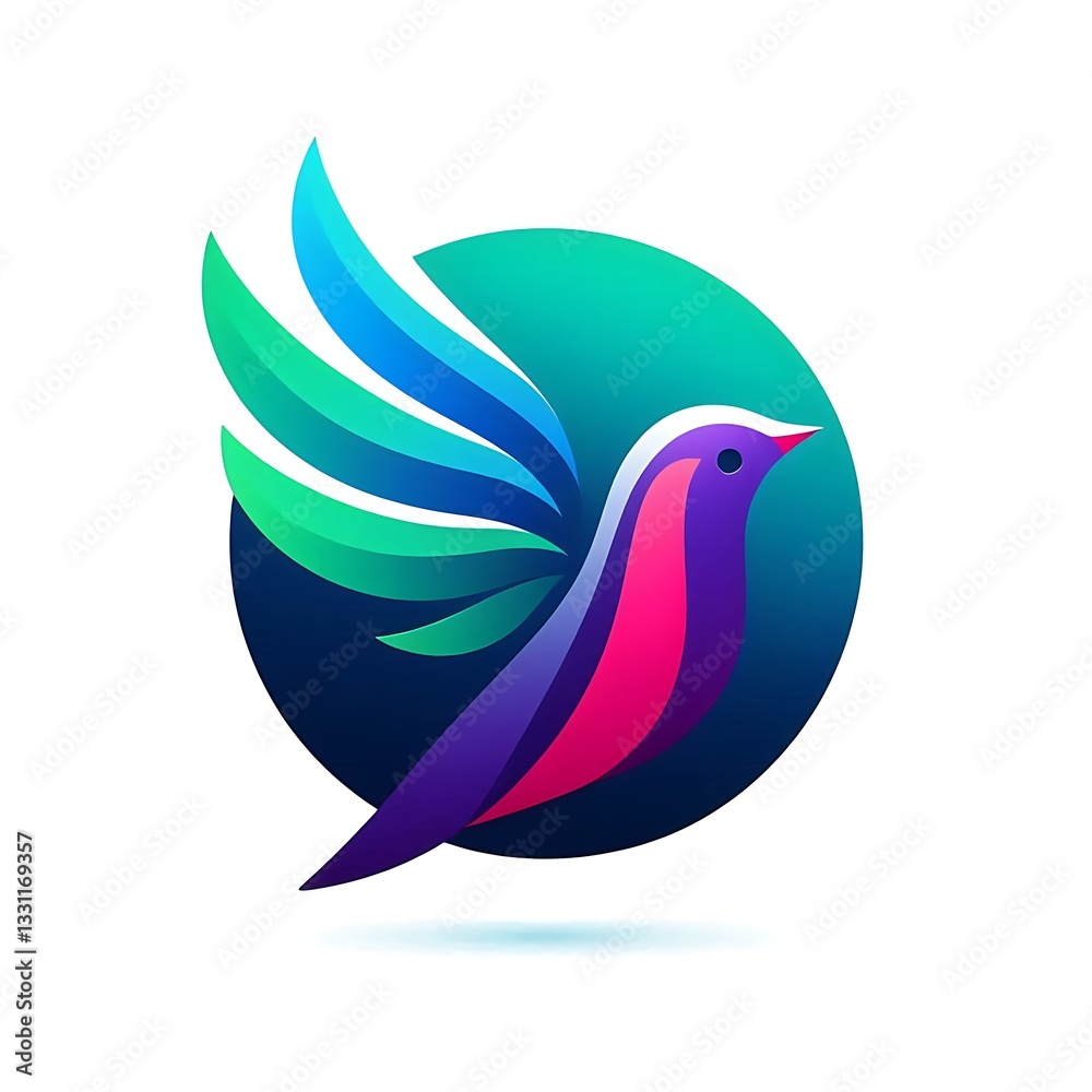 Obraz premium A Vibrant Bird In Flight, Symbolizing Freedom And Hope, Soaring Across A Teal And Navy Circular Backdrop With Gradient Colors