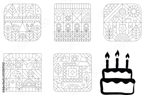 Cute Coloring Pages: Springtime Designs, Folk Art Patterns, Easter Bunny, Flowers, Rainbows, and Birthday Cake Illustration for Kids