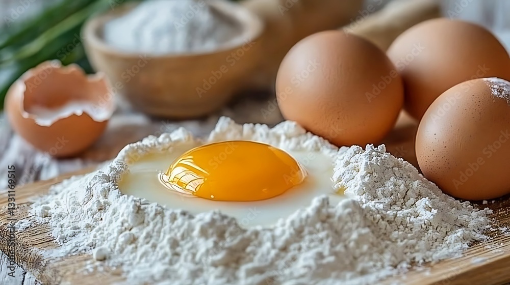 Egg yolk in flour on wooden board. Egg yolk in flour on wooden board.