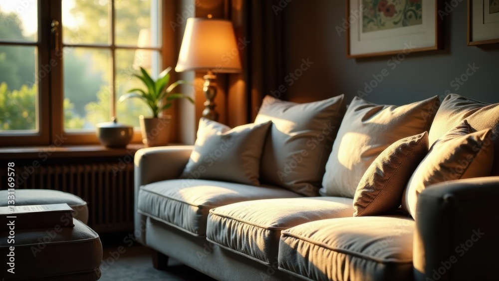Fototapeta premium Serene Sunlight Illuminates a Comfortable Living Room Sofa with Soft Cushions and a Window View
