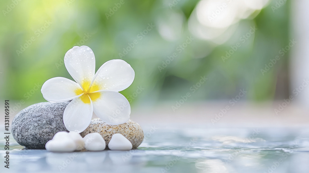 tranquil spa setting featuring white flower on smooth stones, evoking relaxation and peace tranquil spa setting featuring white flower on smooth stones, evoking relaxation and peace