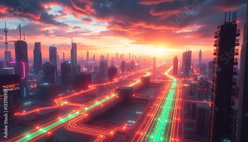 Futuristic Cityscape Circuitry Paths The Horizon