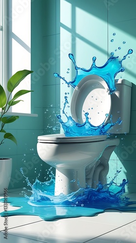 Overflowing toilet with splashing water in a modern bathroom, causing a flooding problem, symbolizing plumbing issues, water damage, and emergency home repair situations

