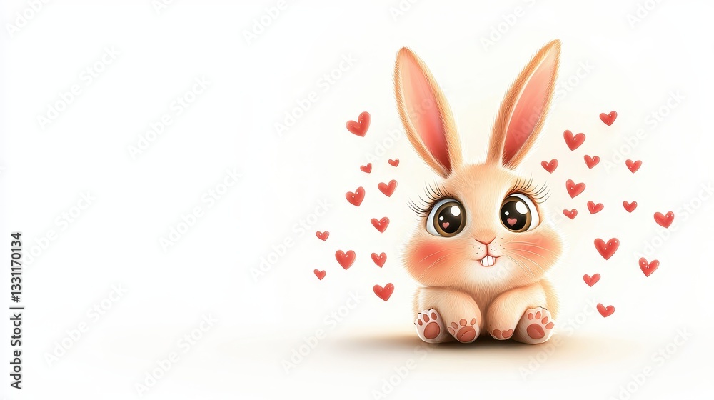 Obraz premium A kawaii-style bunny drawing with big, round eyes, tiny paws, and a soft, chubby body, surrounded by small floating hearts.