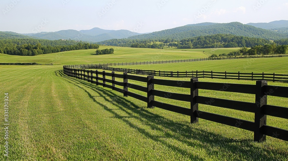 A serene landscape featuring rolling green hills and a black wooden fence curving along the field, set against a backdrop of distant mountains. A serene landscape featuring rolling green hills and a black wooden fence curving along the field, set against a backdrop of distant mountains.