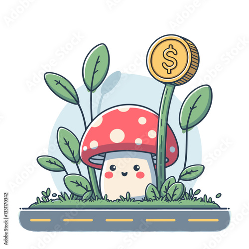 Cartoon mushroom with coin sprout and character. Vector illustration for financial growth, investment nurturing and startup funding concepts.