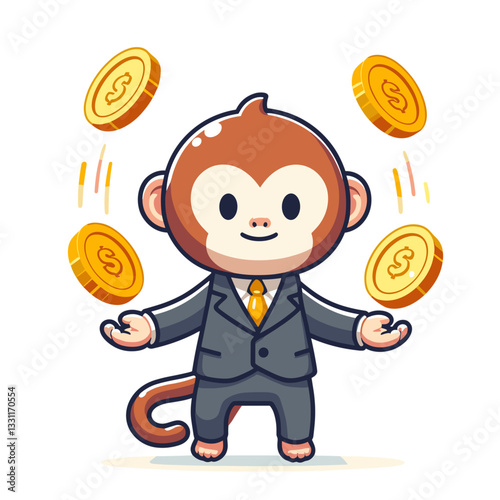 Monkey businessman juggling gold coins in suit. Vector illustration ideal for financial planning, investment diversification and wealth management concepts.