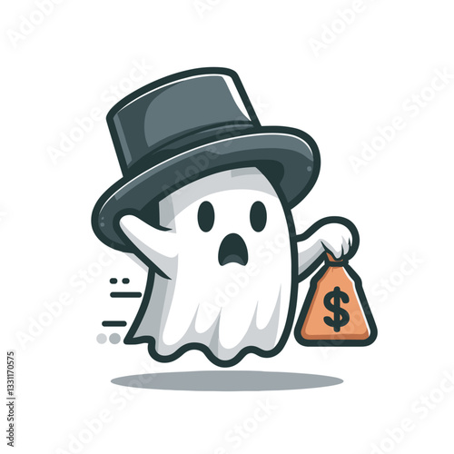 Ghost holding money bag with dollar sign. Vector illustration for phantom expenses, hidden costs and unexpected financial obligations concept.