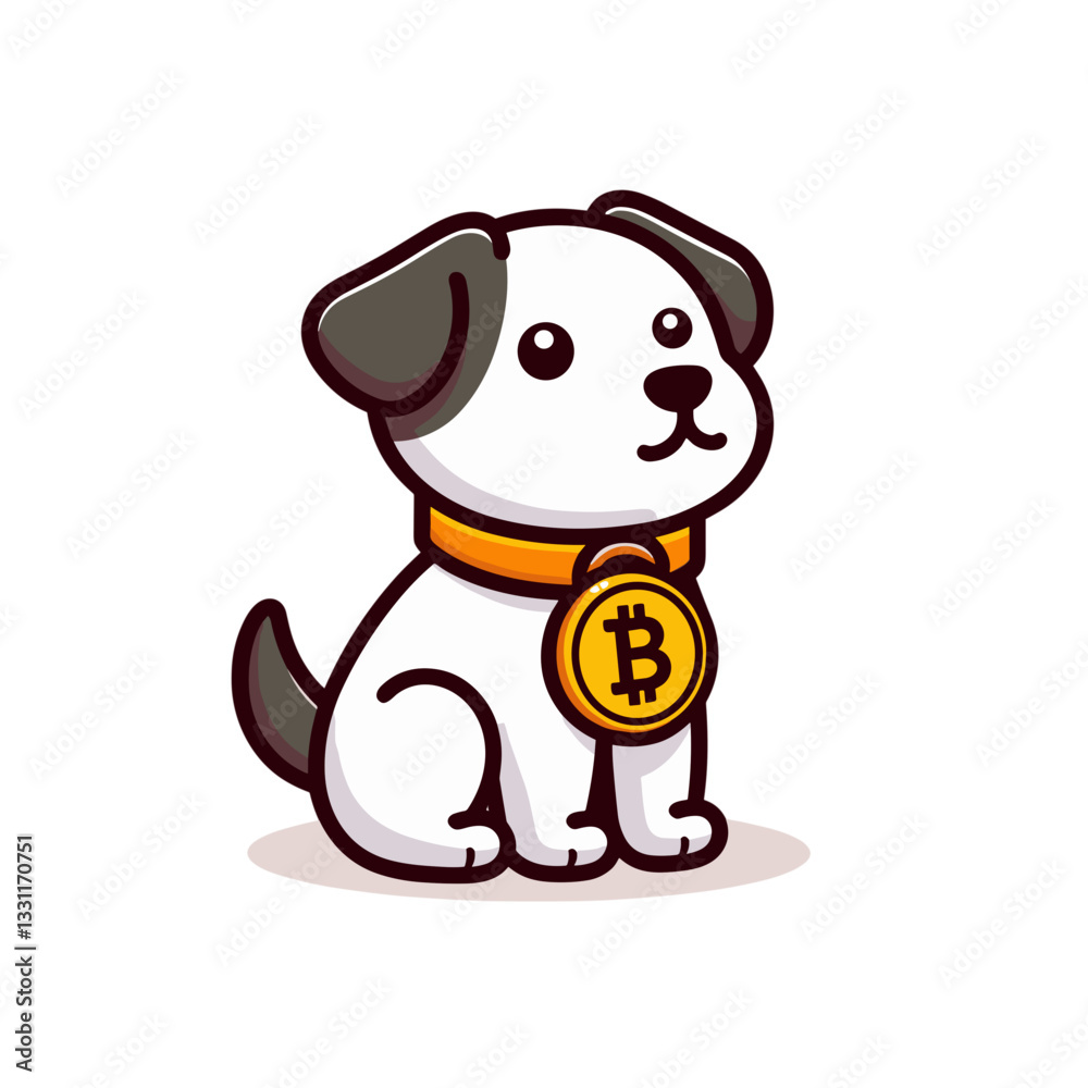 Fototapeta premium Puppy wearing bitcoin medallion collar. Vector illustration representing cryptocurrency pets, digital asset introduction and blockchain for beginners concepts.