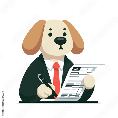 Dog accountant filling tax forms with pen. Vector illustration perfect for tax preparation, financial compliance and business documentation concepts.