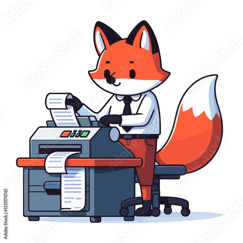 Fox office worker with computer and printer. Vector illustration representing administrative efficiency, paperwork management and digital documentation concepts.