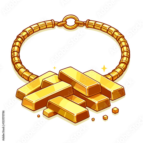 Gold bars and chain bracelet with sparkles. Vector illustration ideal for luxury investments, precious metal assets and wealth security concepts.