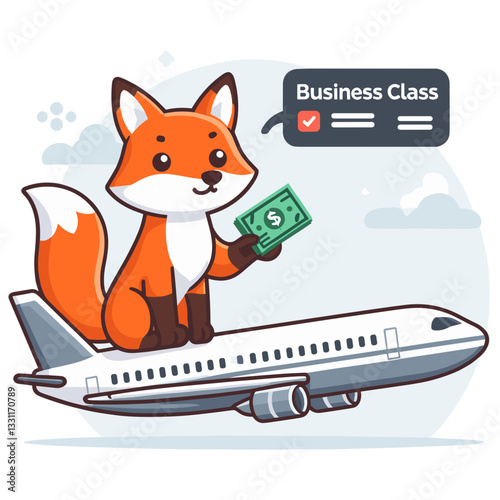 Fox holding cash with business class airplane. Vector illustration perfect for corporate travel budgeting, premium business expenses and luxury work trips concepts.