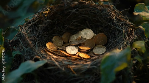 Coins fill a bird's nest surrounded by leaves in soft, dappled light