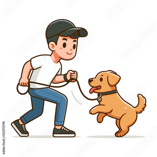 Boy running with golden retriever puppy. Vector illustration ideal for pet ownership costs, companion value and animal investment concepts.