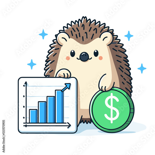Hedgehog with growth chart and dollar coin. Vector illustration for investment performance tracking, financial analytics and wealth monitoring concepts.
